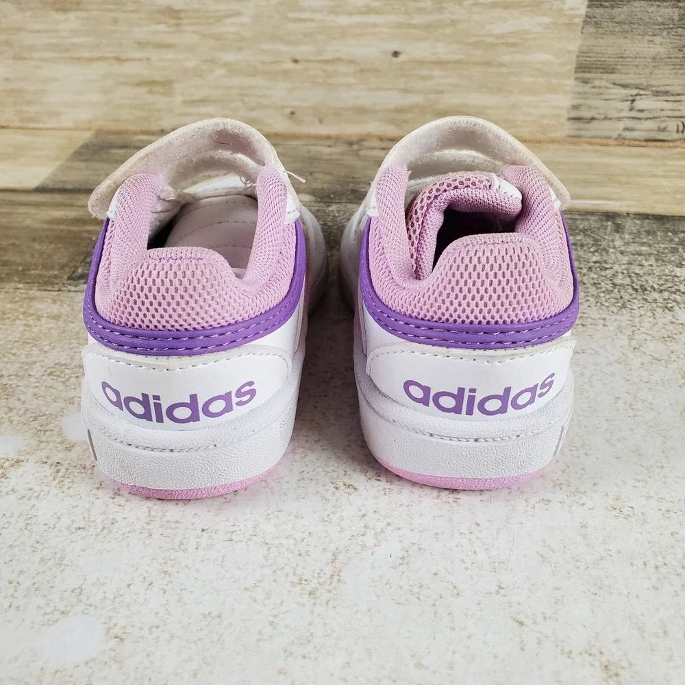Adidas Hoops 3.0 Kids Sport Shoes Sz 5 Comfort White Lilac Round Toe Hook & Loop